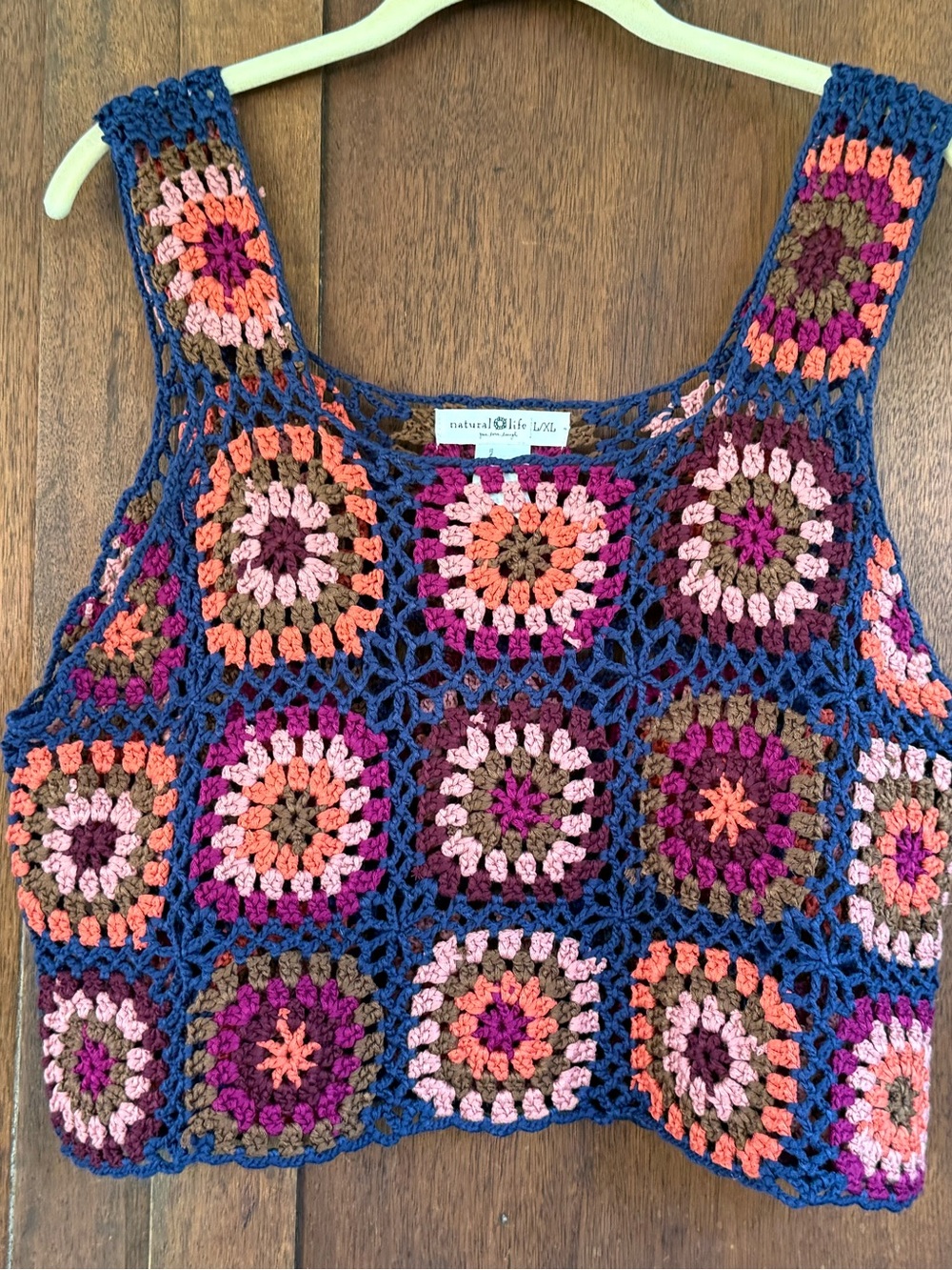 NATURAL LIFE Navy Crochet Tank Top with Pink, Coral and Brown Accents